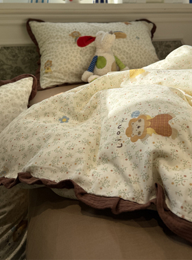 A类皱皱花边双层纱少女心卡通黄色小狮子四件套1.5m1.8米全棉纯棉