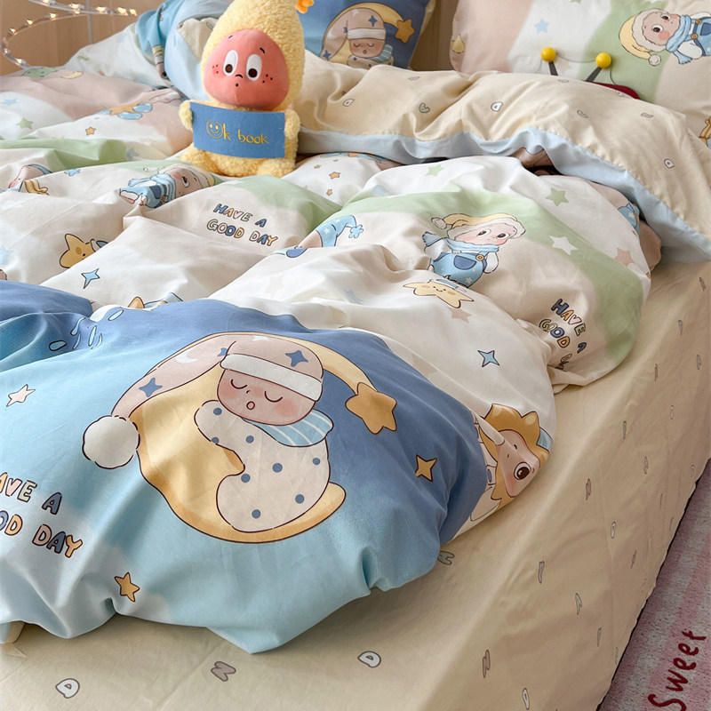ins卡通少女晚安星星人床上四件套全纯棉1.5m1.8米被套床单三件套