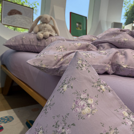 A类母婴美式田园少女心双层纱紫色小碎花纯棉四件套1.5m1.8米全棉