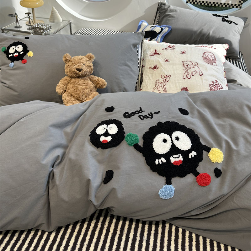 灰色条纹小煤球磨毛毛巾绣四件套