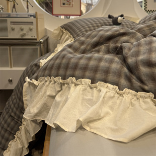 百褶花边水洗棉烟雾蓝格少女心四件套全棉纯棉1.5m1.8米公寓被套
