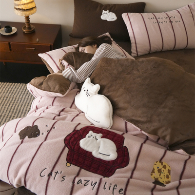 羊咩绒刺绣卡通咪咪小猫四件套