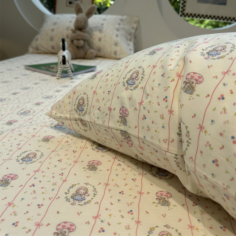 韩系少女心蘑菇女孩纯棉床笠床单