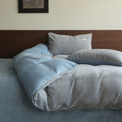 简约纯色双拼牛奶绒古典灰四件套