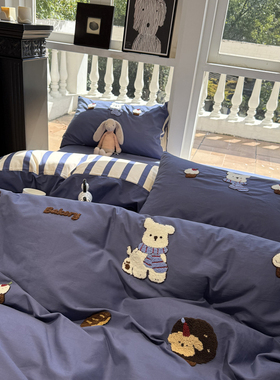 100s磨毛毛巾绣蓝色围巾小狗四件套全棉纯棉1.5m1.8米秋冬保暖厚