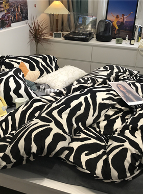 ins冬季双面牛奶绒黑色豹纹床上四件套珊瑚绒1.5m1.8米三件套耐脏