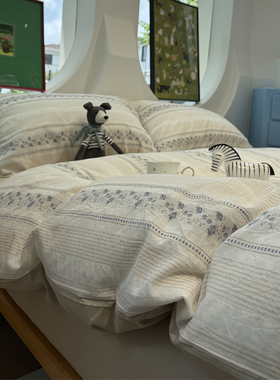 ins条纹灰色水洗棉提花床上四件套全纯棉1.5m1.8米公寓被套三件套