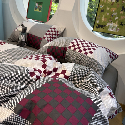 ins简约灰红格床上四件套全棉