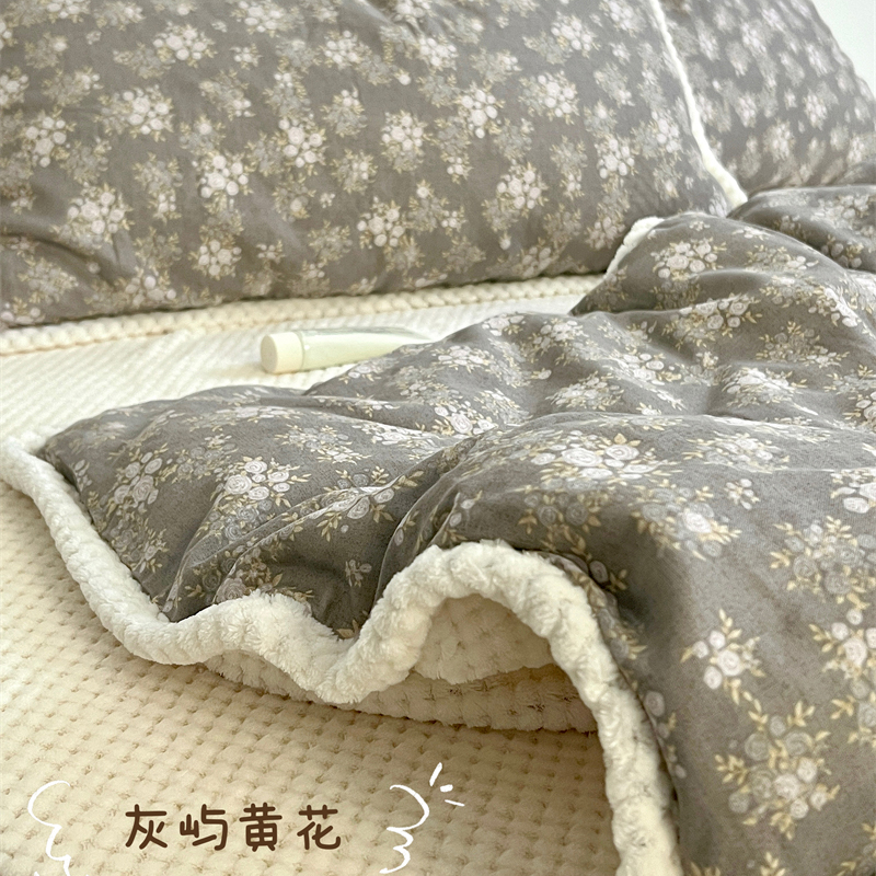 碎花灰棉加华夫格提花绒四件套