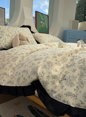 复古庄园黑色花边款蝴蝶花床上四件套全棉纯棉1.5m1.8床单三件套