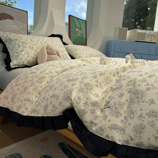 复古庄园黑色花边款 蝴蝶花床上四件套全棉纯棉1.5m1.8床单三件套