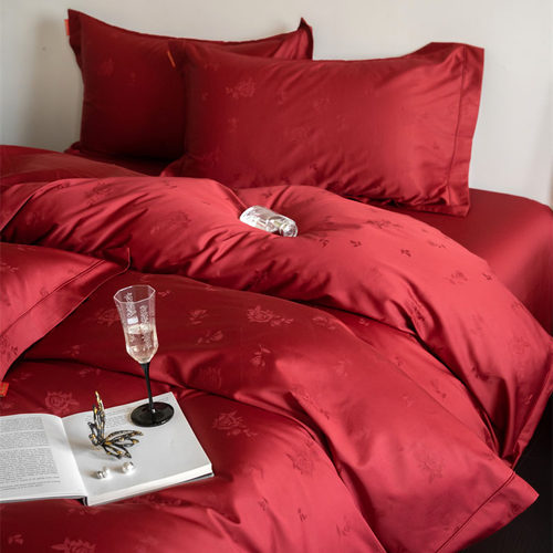 100s大红色婚庆提花玫瑰花全棉