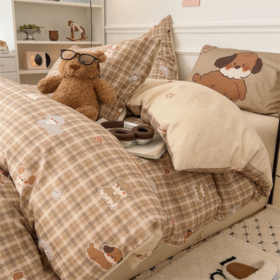 英伦风简约格子小汪四件套全棉