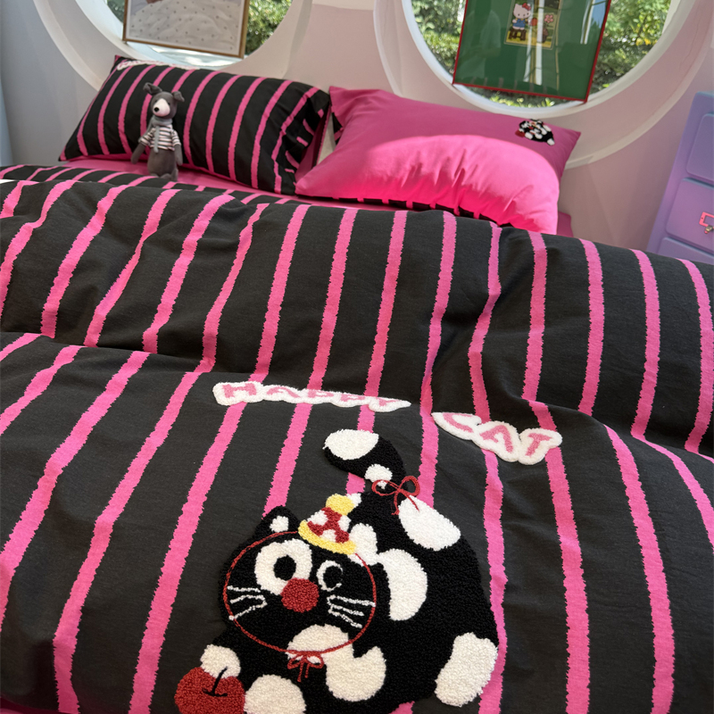 毛巾绣黑粉魔法猫纯棉磨毛四件套