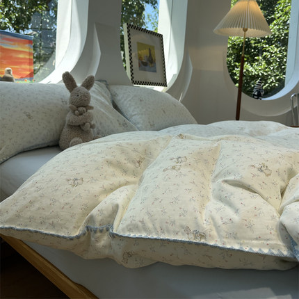 A类母婴级小清新小碎花兔兔双层纱纯棉四件套1.5m1.8全棉床单被套