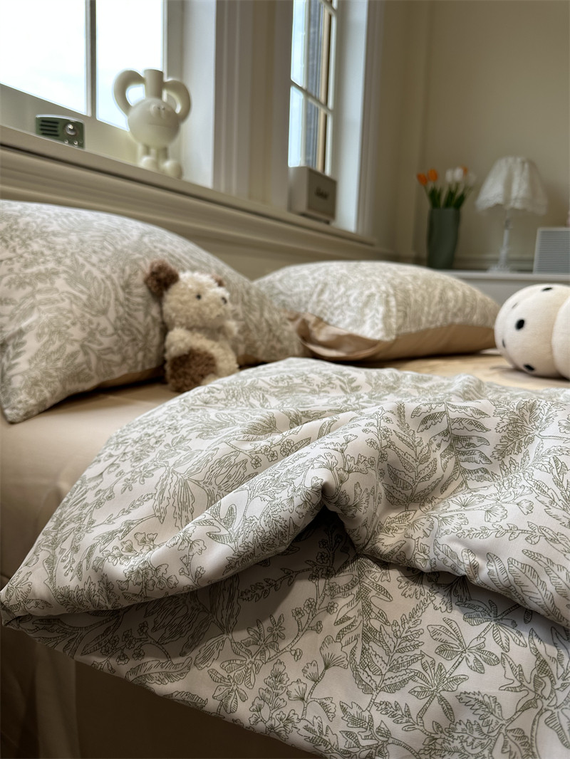 莱赛尔纤维田园小叶子绿色丝滑裸睡夏凉被四件套薄被子空调被夏天