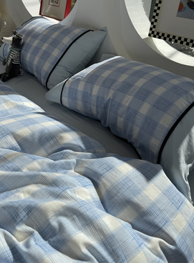 少女心极简蓝色格子双层纱床上四件套全棉纯棉1.5m1.8米被套床单