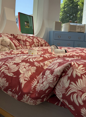 A类母婴美式田园少女心双层纱红色小碎花纯棉四件套1.5m1.8米全棉