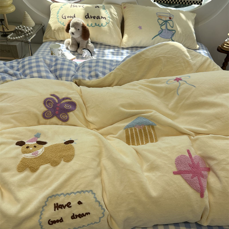 清新少女奶黄格子毛巾绣花四件套