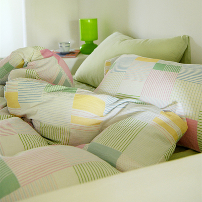 格子绿色皱皱双层纱纯棉四件套