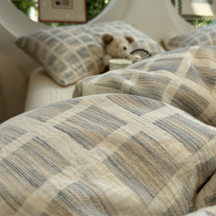 A类母婴级简约日式双层纱提花格子纯棉四件套1.5m1.8米全棉裸睡