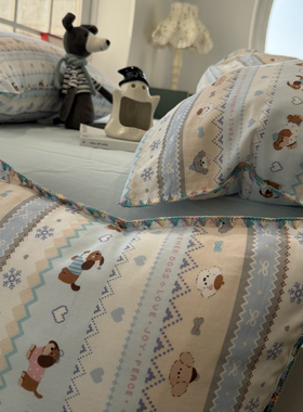 ins卡通彩边双层纱蓝色波斯小狗狗纯棉全棉少女心四件套1.5m1.8米