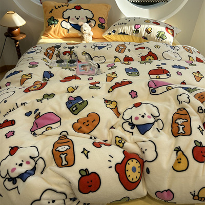 ins冬季加厚牛奶绒小清新少女心涂鸦乐园床上四件套珊瑚绒1.5m1.8