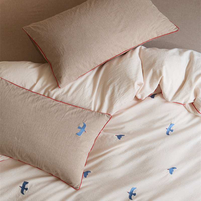 ins色织水洗棉飞鸟刺绣粉床上四件套全棉1.5m1.8米公寓被套三件套