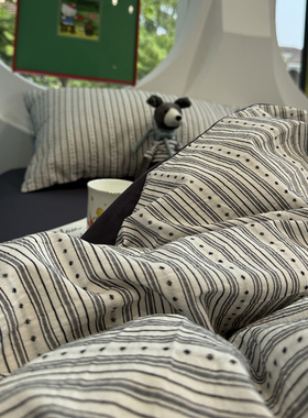 ins水洗棉提花复古灰色条纹四件套全棉1.5m1.8米公寓被套三件套