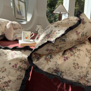 A类田园少女心皱皱花边双层纱碎花酒红色全纯棉四件套1.5m1.8米三