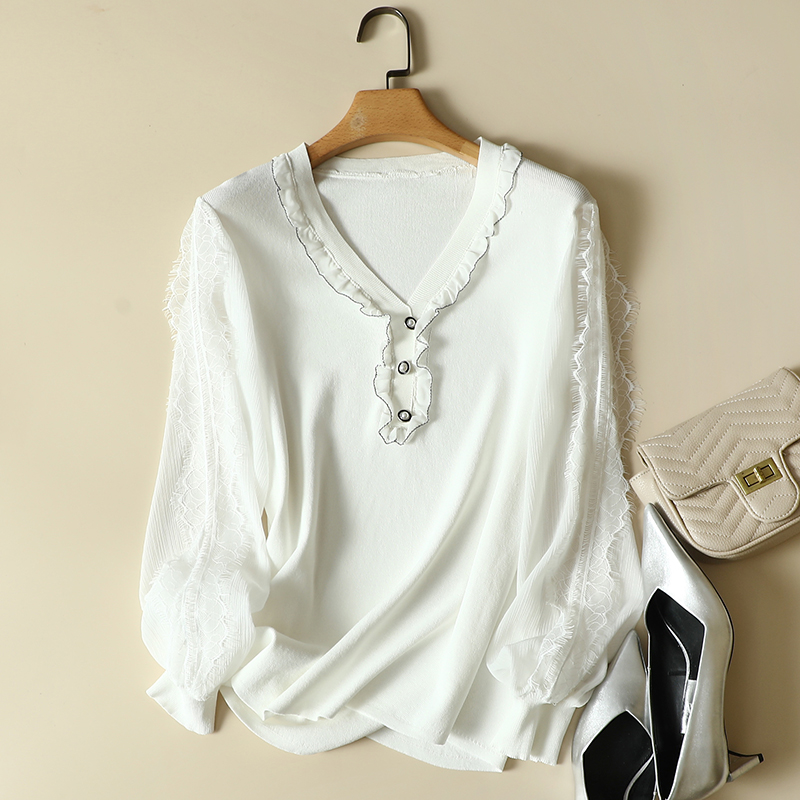 雪纺衫女长袖冰丝针织衫蕾丝打底