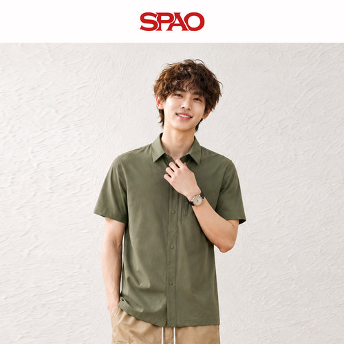 SPAO森林绿色冰丝短袖衬衫男