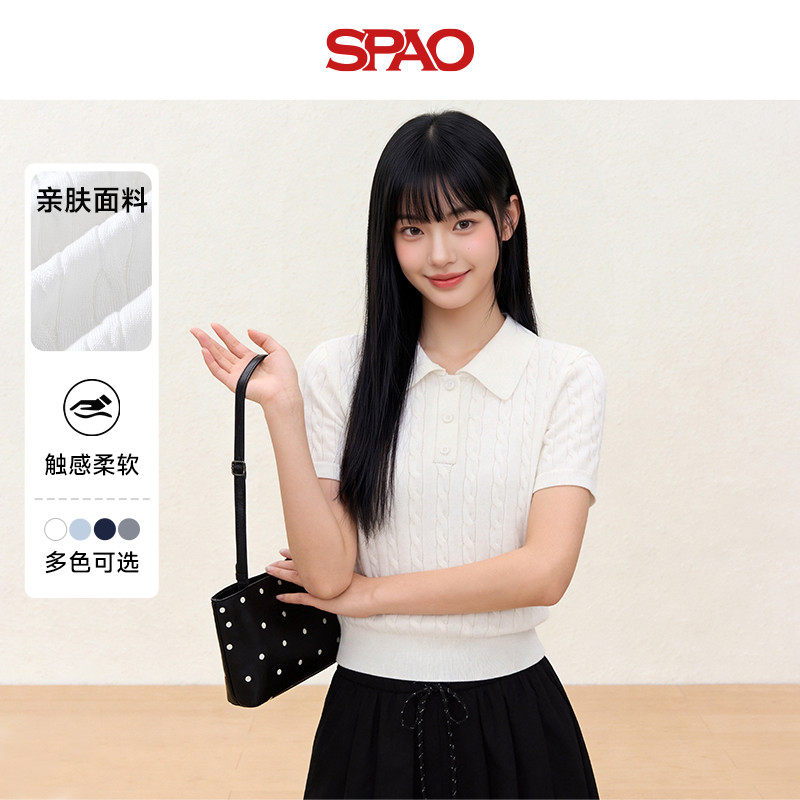 SPAO韩国同款夏季女士polo领短袖t恤翻领针织衫正肩POLO衫上衣ZZ