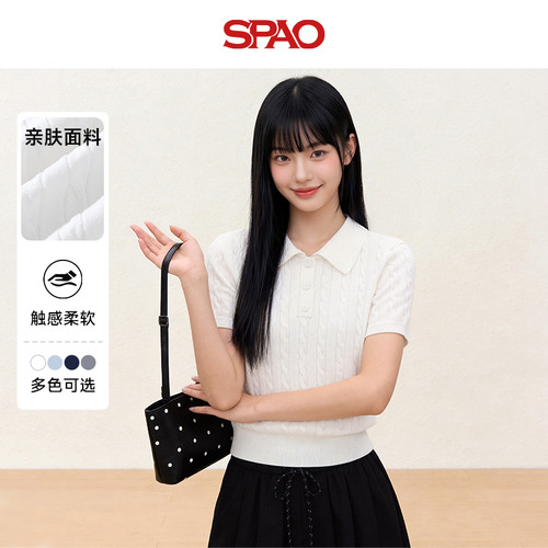 SPAO韩国同款夏季女士polo领短袖t恤翻领针织衫正肩POLO衫上衣ZZ