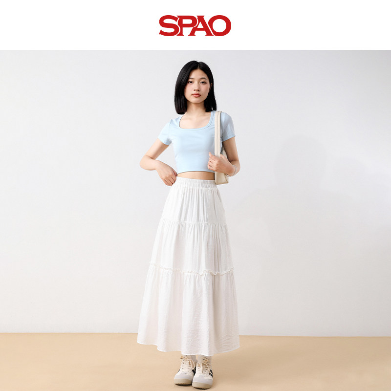 SPAO高腰白色蛋糕半身裙女长款多层裙摆A字大摆裙显瘦B