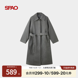 优雅气质慵懒慢人风系带收腰毛呢大衣 新品 SPAO韩国同款 25年冬季