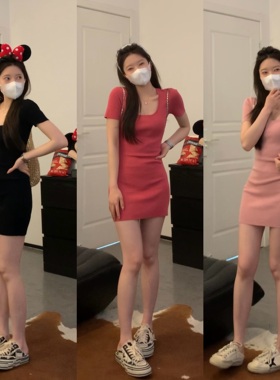 Viiwen 纯欲战神 显瘦短款树莓粉针织裙修身包臀短袖连衣裙小个子