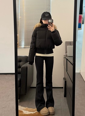 Viiwen 超模PS裤 显瘦高腰加绒收腹鲨鱼皮微喇裤百搭黑色瑜伽裤冬