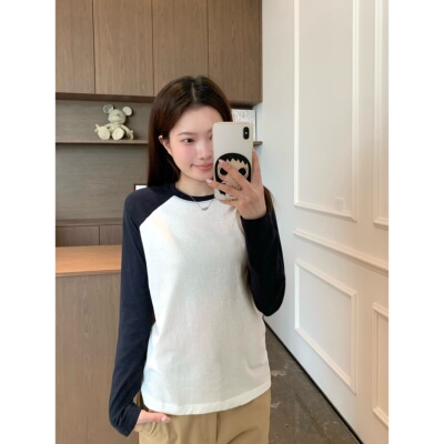 Viiwen 美式松弛感 随性慵懒撞色显瘦插肩袖长袖T恤百搭套头上衣