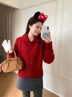 Viiwen 新年氛围感 显白红软糯立领纽扣韩系乖乖翻领百搭显瘦毛衣
