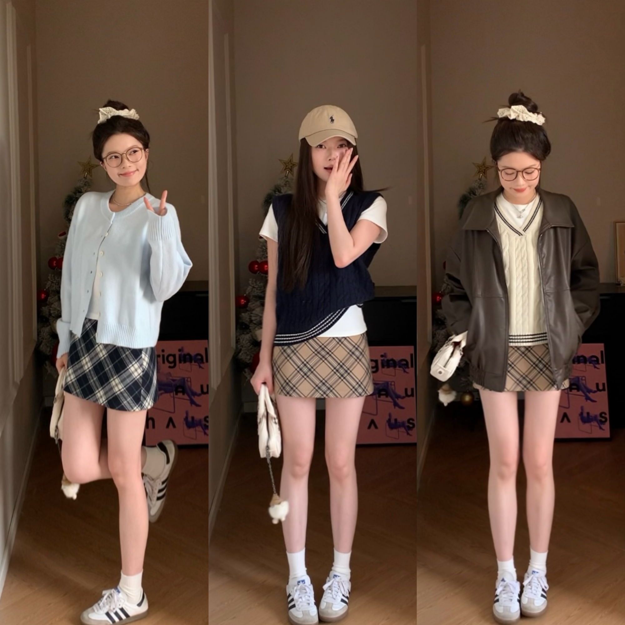 显瘦复古棕格纹百搭a字半身短裙