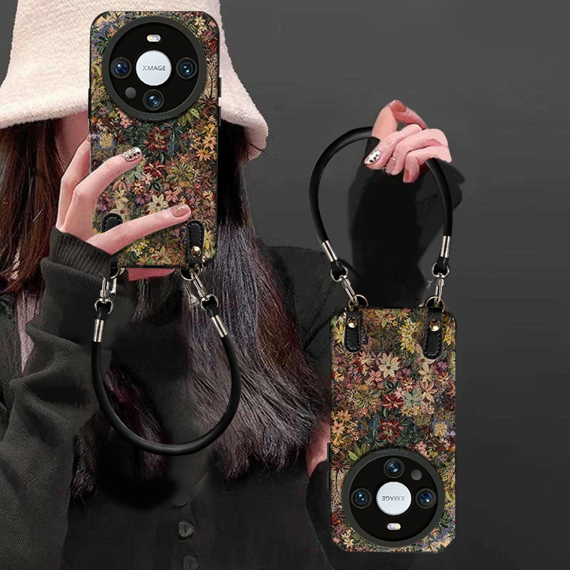 适用华为mate70pro手机壳新款秋冬女pura80小羊皮质高级p70ultra带挂绳m60独特好看的50油画复古40全包保护套