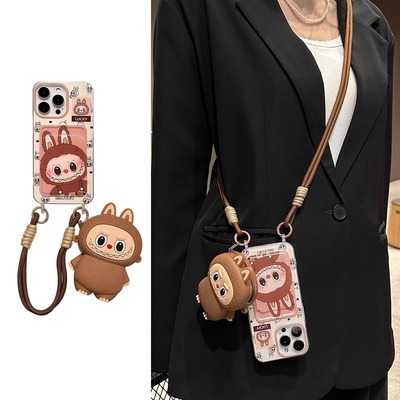 创意拉布布卡包带挂绳适用苹果16promax手机壳新款iphone15pro可爱女款13卡通超好看14pro全包防摔16可背斜挎