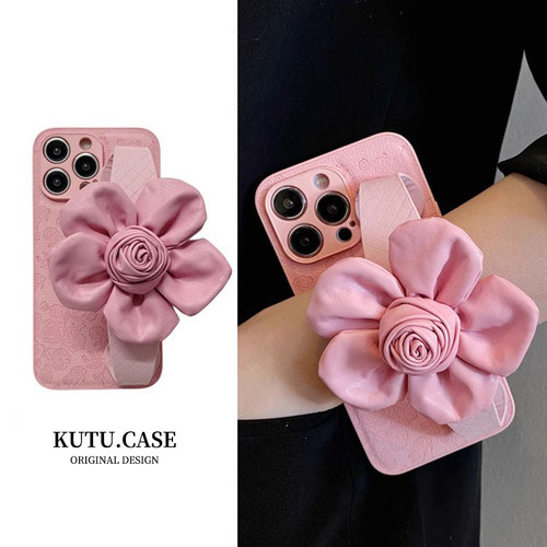 赵露思同款粉色花朵腕带支架适用苹果17promax手机壳新款斜挎挂绳16pro高级感女iphone13全包防摔15保护套14