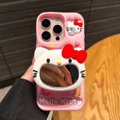 可爱kitty猫带镜子适用苹果16promax手机壳新款iphone15pro保护套卡通女款16全包硅胶13创意支架14pm日韩爆款