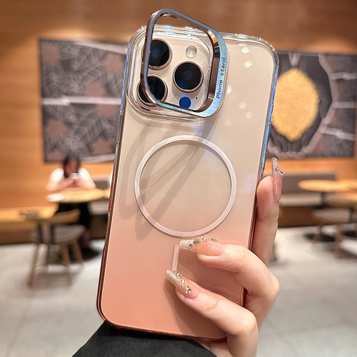 适用苹果16promax手机壳新款渐变粉透明iphone15pro保护套创意镜头支架13超好看女款14pro全包防摔16简约磁吸