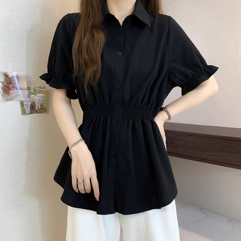 大尺码胖mm高级感衬衫女2025夏装新款宽松显瘦收腰遮肚雪纺短袖上