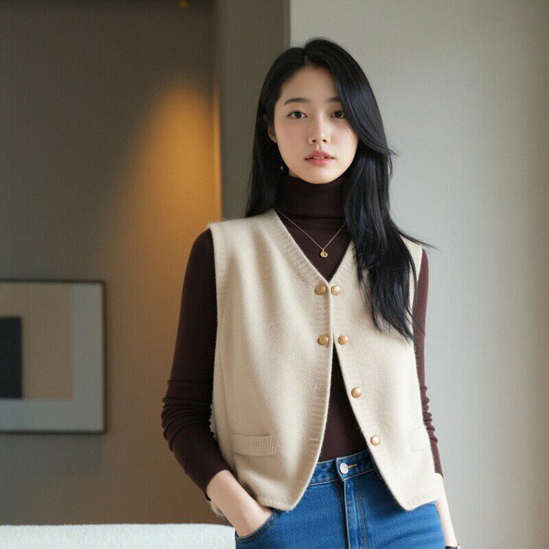 卡其色针织马甲背心女2026早春秋新款时尚单排扣开衫外搭无袖上衣