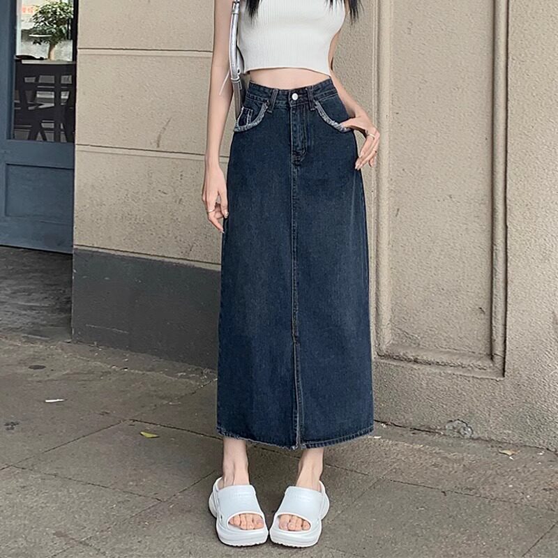 开叉牛仔半身裙女夏季大码胖妹妹mm高腰显瘦梨形身材中长款a字裙