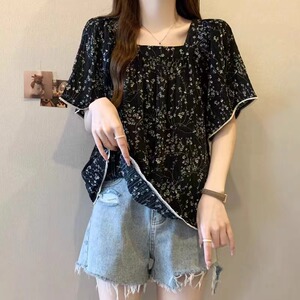大码女装胖mm2025夏季新款爆款方领碎花别致绝美显瘦短袖衬衫上衣